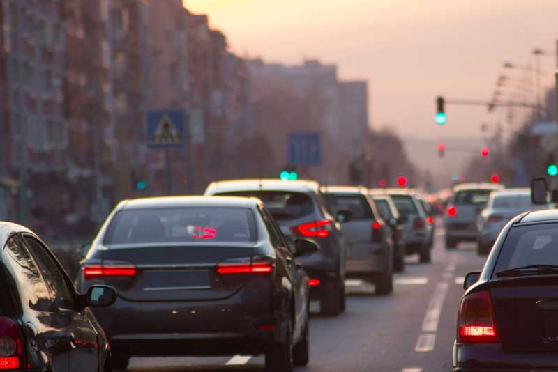 cars backed up in city traffic