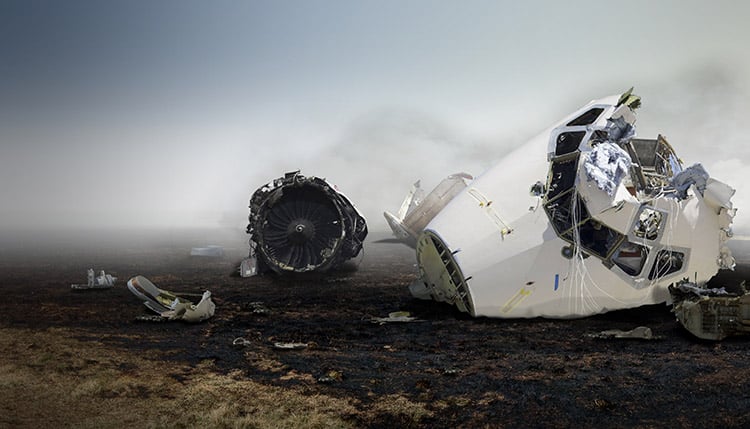 Crashed airplane in foggy weather