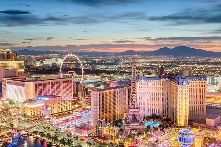 Skyline over Las Vegas, Nevada at sunset