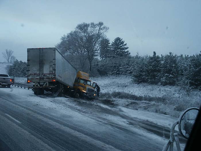 Truck jackknife accident on a winter day
