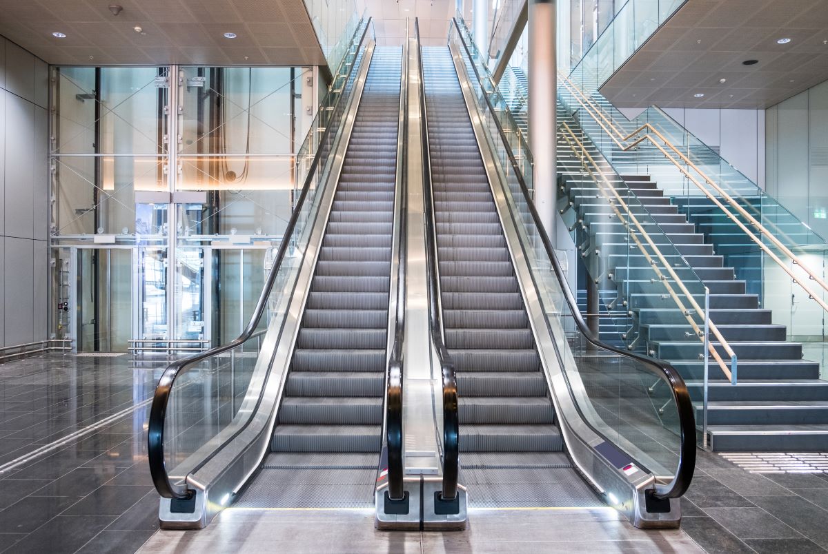 Several empty escalators