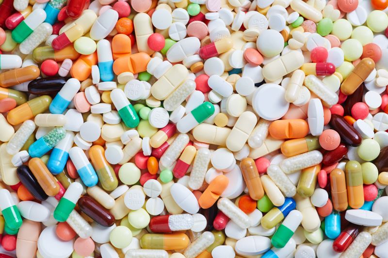Many different colorful prescription pills