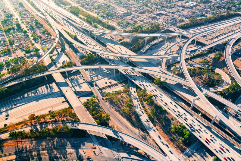 Several overlapping freeway overpasses