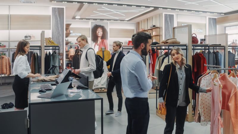 Shoppers in retail clothing store
