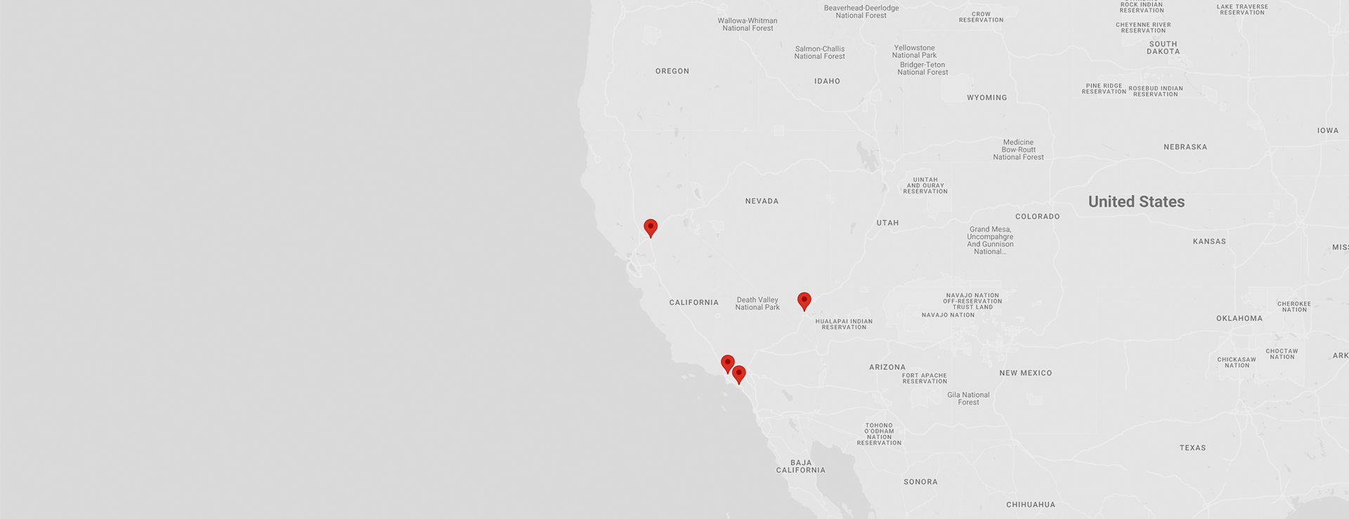 The states of California and Nevada with pinpoints on cities with Heidari offices.